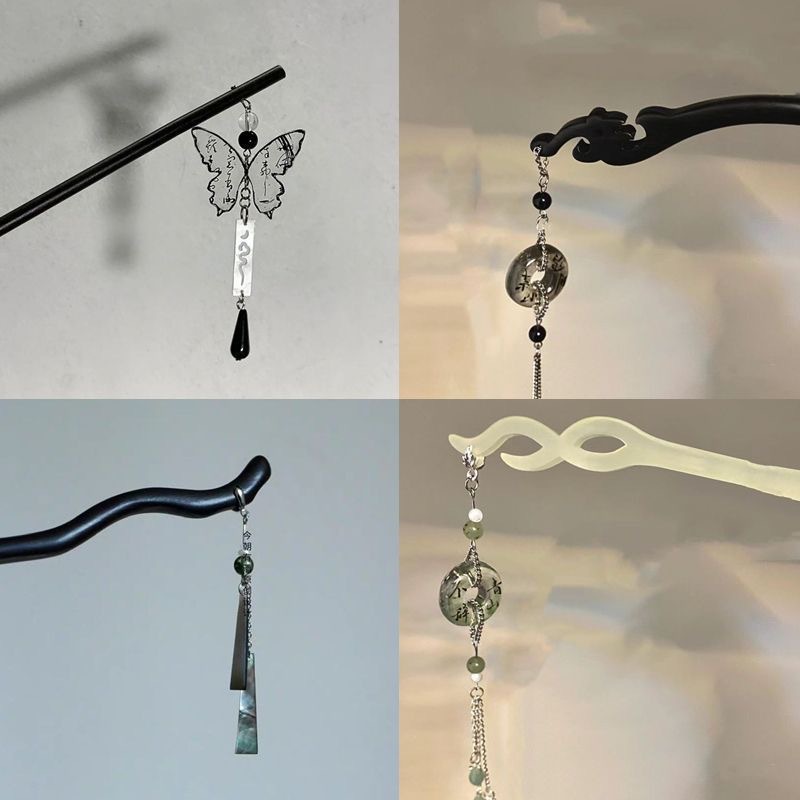 Ink style ~ New Chinese butterfly safety buckle tassel hairpin ins elegant girlfriends hair accessories ancient style artistic hairpin for women