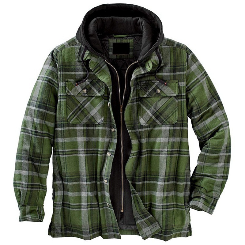 2020 foreign trade Men's European and American autumn and winter thick cotton plaid long sleeve loose hooded jacket