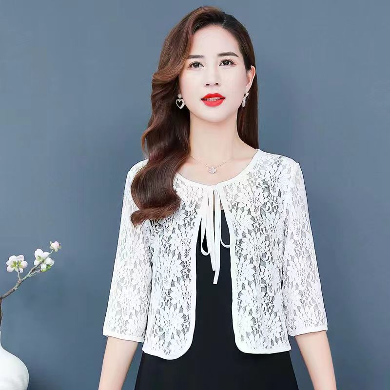 2024 Spring Summer Autumn Outer Shawl Lace Women's Loose Slimming Large Size Hollow Out Sunscreen Short All-Match Small Shawl