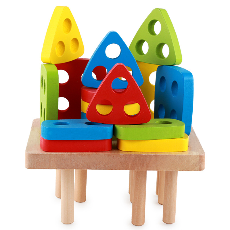 Wooden Children's Educational Cognitive Early Education Four-column Macaron Geometric Organ Shape Matching Five-column Building Block Toy