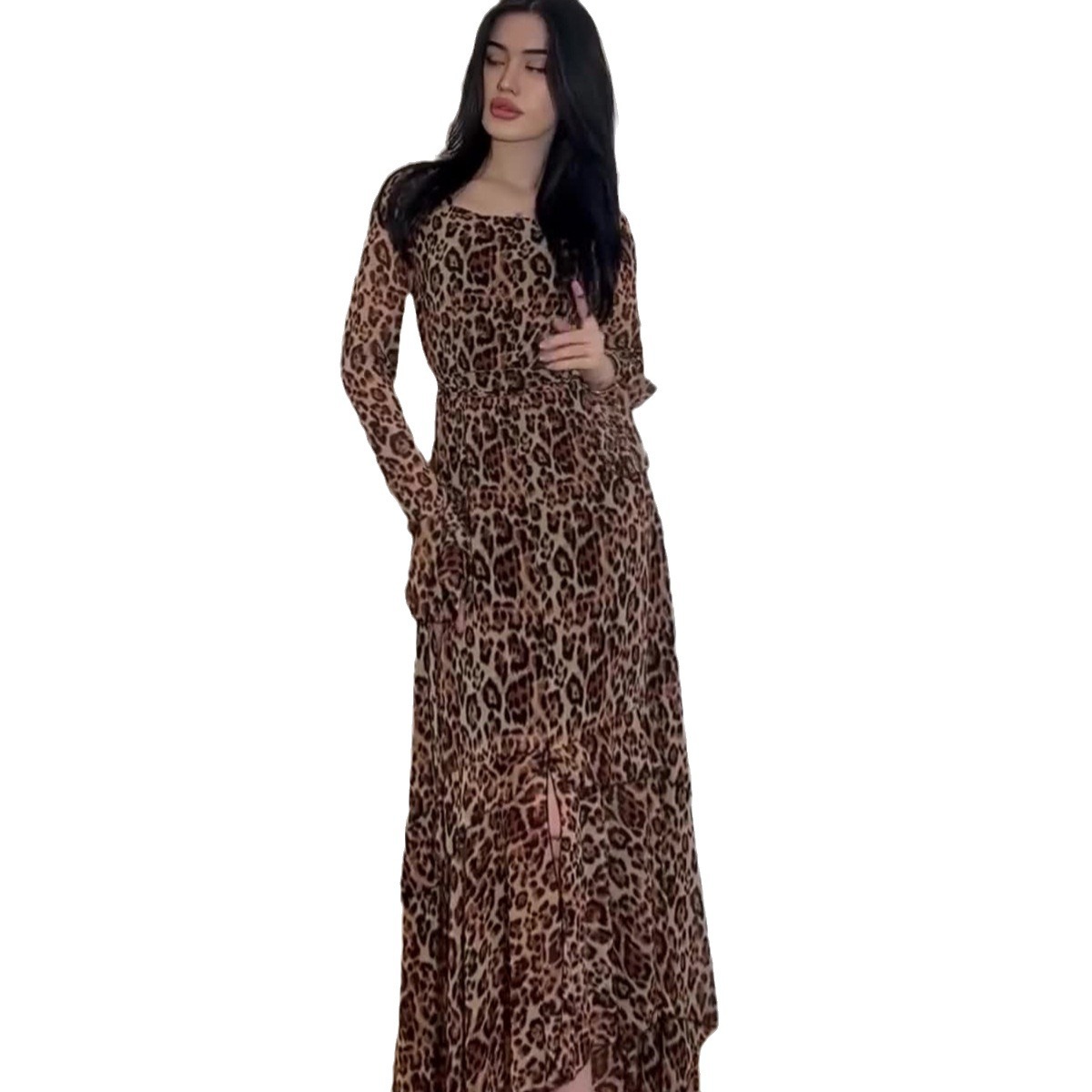 Amazon Europe and the United States 2024 spring new chiffon leopard lotus leaf sleeve temperament long stitching irregular dress