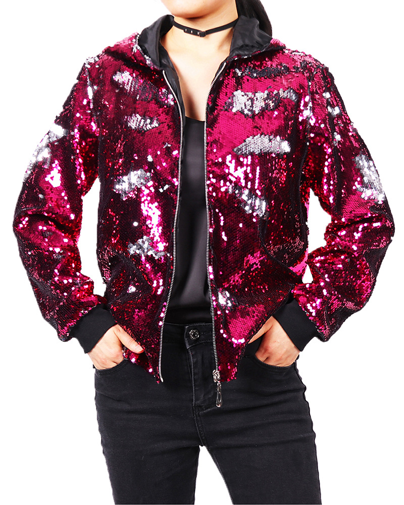 Amazon autumn and winter new women's flip sequined jacket hooded baseball uniform European and American shiny jacket parka suit