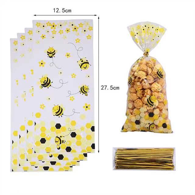Spot small bee printing bag opp transparent flat bag candy biscuit packaging bag sealing tie silk plastic bag