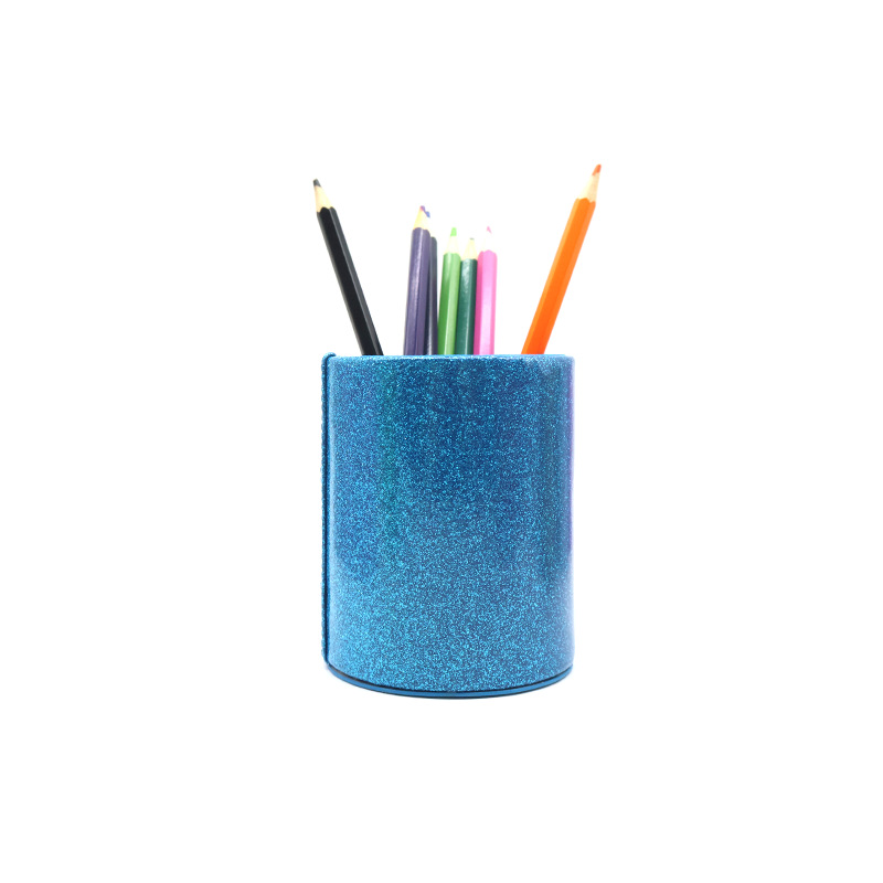 Factory supply in stock creative round PU pen holder thickened round leather desktop pen holder makeup brush storage container