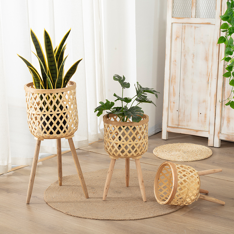 Nordic ins Style Living Room Plant Bamboo Flower Basket Decoration Turtle Bamboo Rattan Flower Pot Balcony Flower Rack Woven Basket