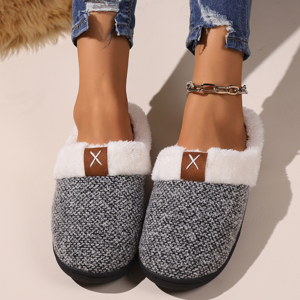 Cross-border wholesale knitted wool wool slippers autumn and winter indoor home cotton slippers thick bottom warm plush slippers