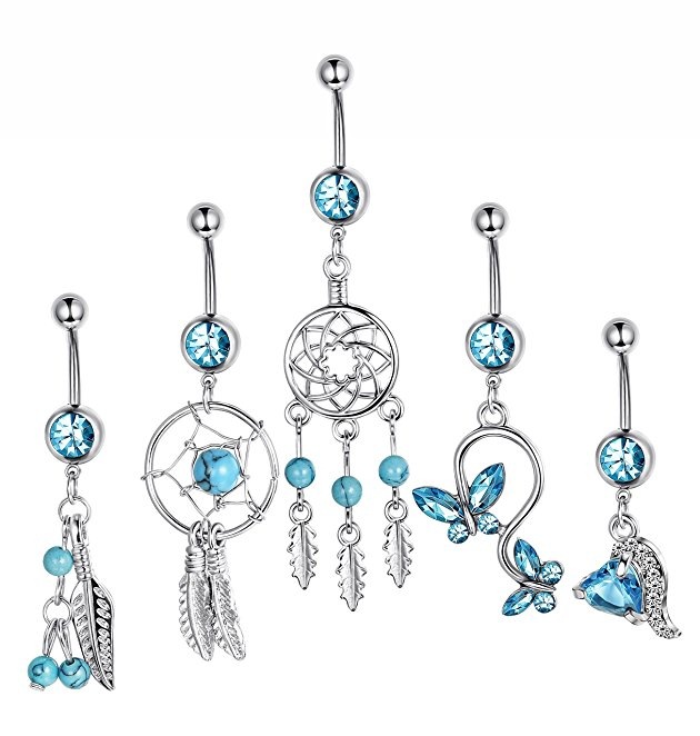 AliExpress Amazon blue Dreamcatcher butterfly zircon navel ring heart-shaped navel buckle piercing body jewelry