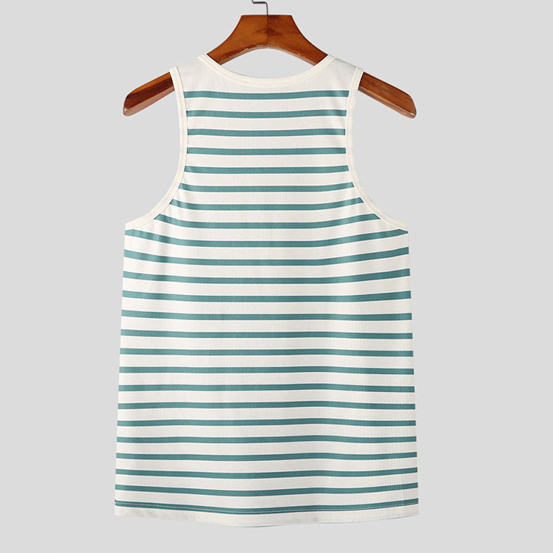 Cross-border in stock new striped men's vest European and American elastic slim T-shirt fashion metal button camisole