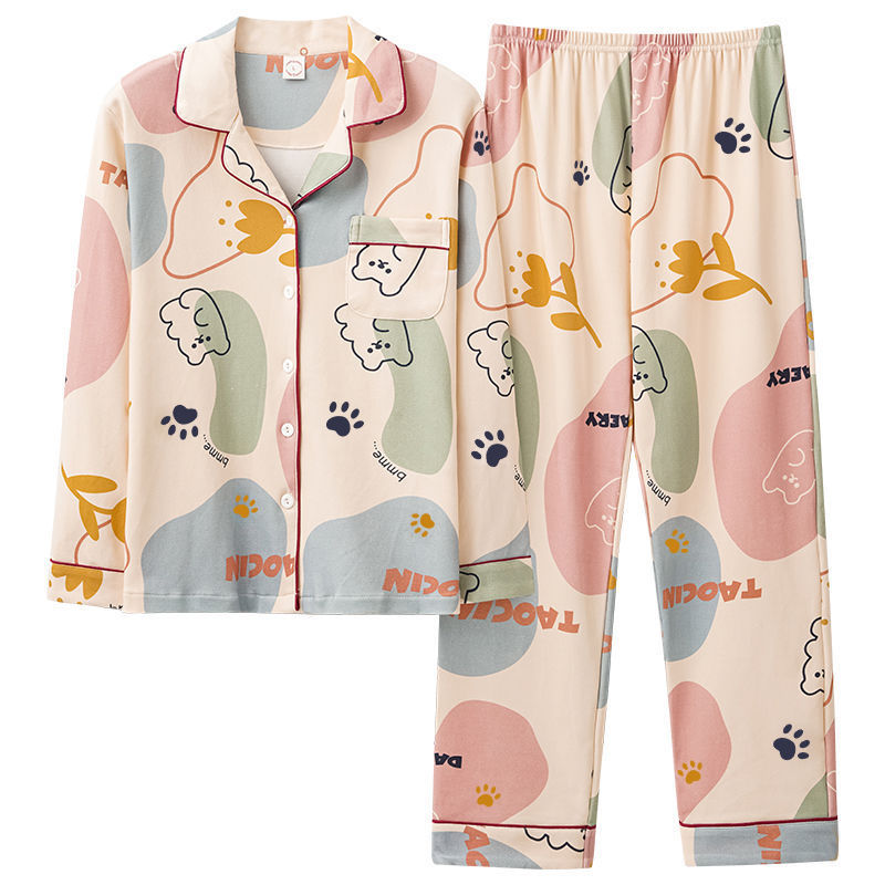Suit% cotton pajamas Women's Spring and Autumn long-sleeved Korean style girl's cartoon winter cardigan outdoor home wear