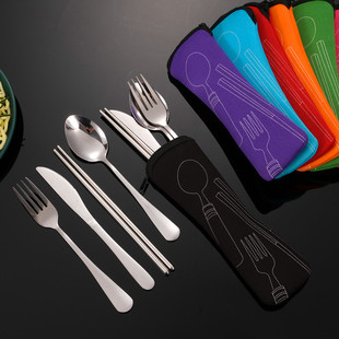 Cross-border source cloth bag stainless steel tableware four-piece outdoor portable table knife spoon chopsticks fork tableware set