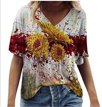 Cross-border European and American Digital Printing Series 3D Printing T-shirt V-neck 3d Printing Women's Short-sleeved T-shirt Top