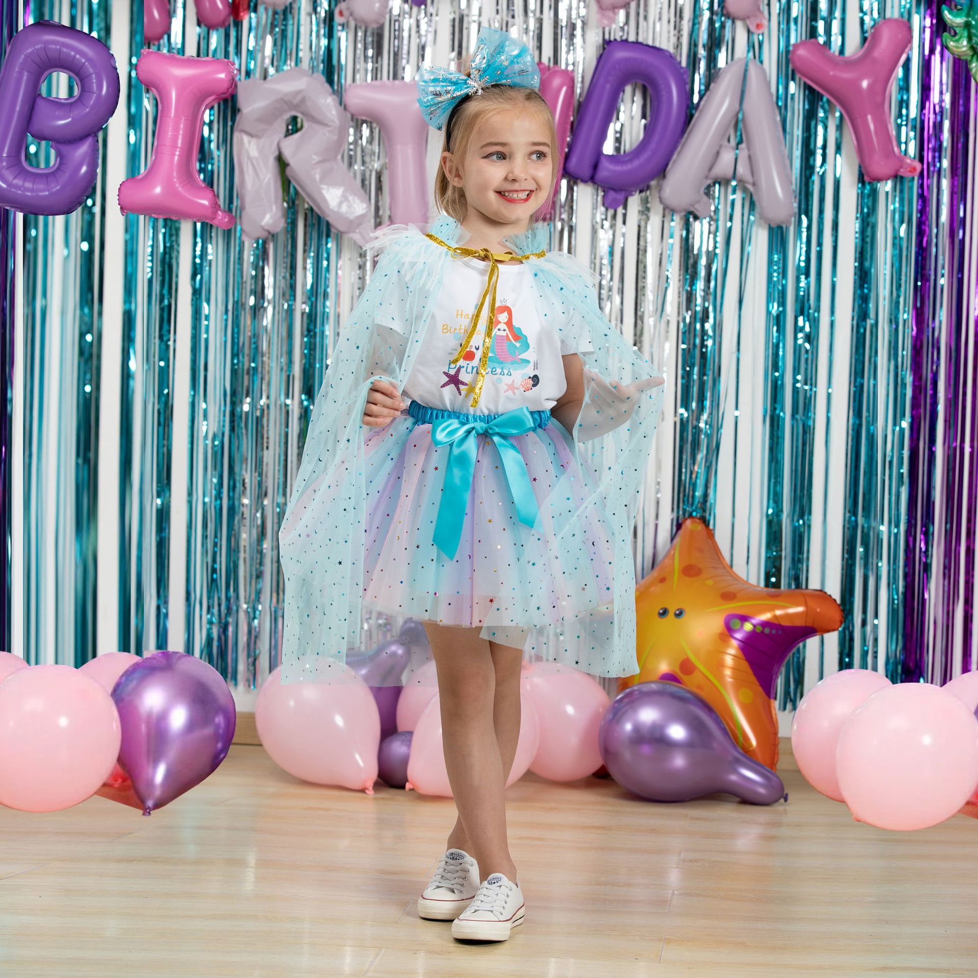 Girl's Bust Skirt with Lining Convex Skirt with Bow Hairpin Star Moon Mesh Tutu Skirt Children's Wear