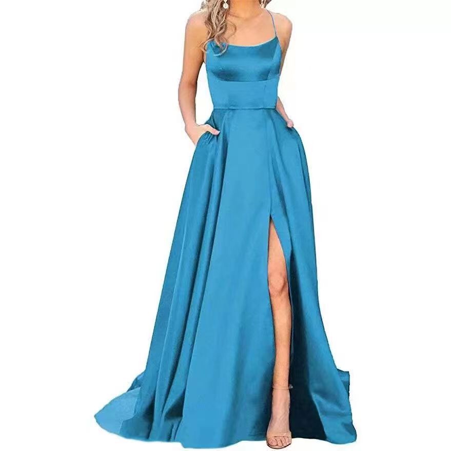 2024 European and American cross-border new party bridesmaid dress solid color off-the-shoulder long dress small trailing banquet evening dress