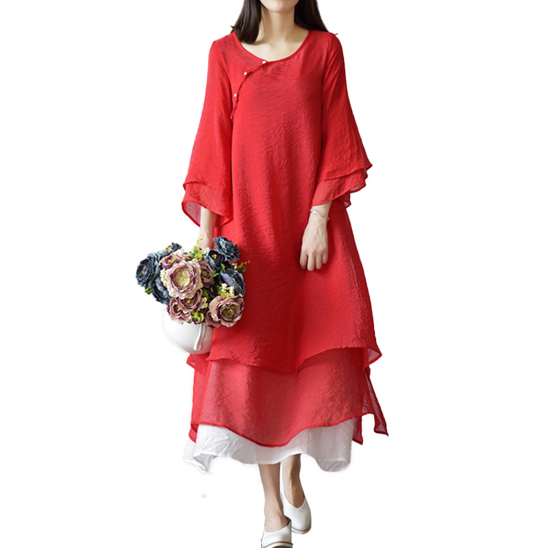 Original Women's Clothing Cotton and Linen Artistic Double Layer Dress Retro Mori Girl Zen Modified Hanfu Long Dress Summer Dress