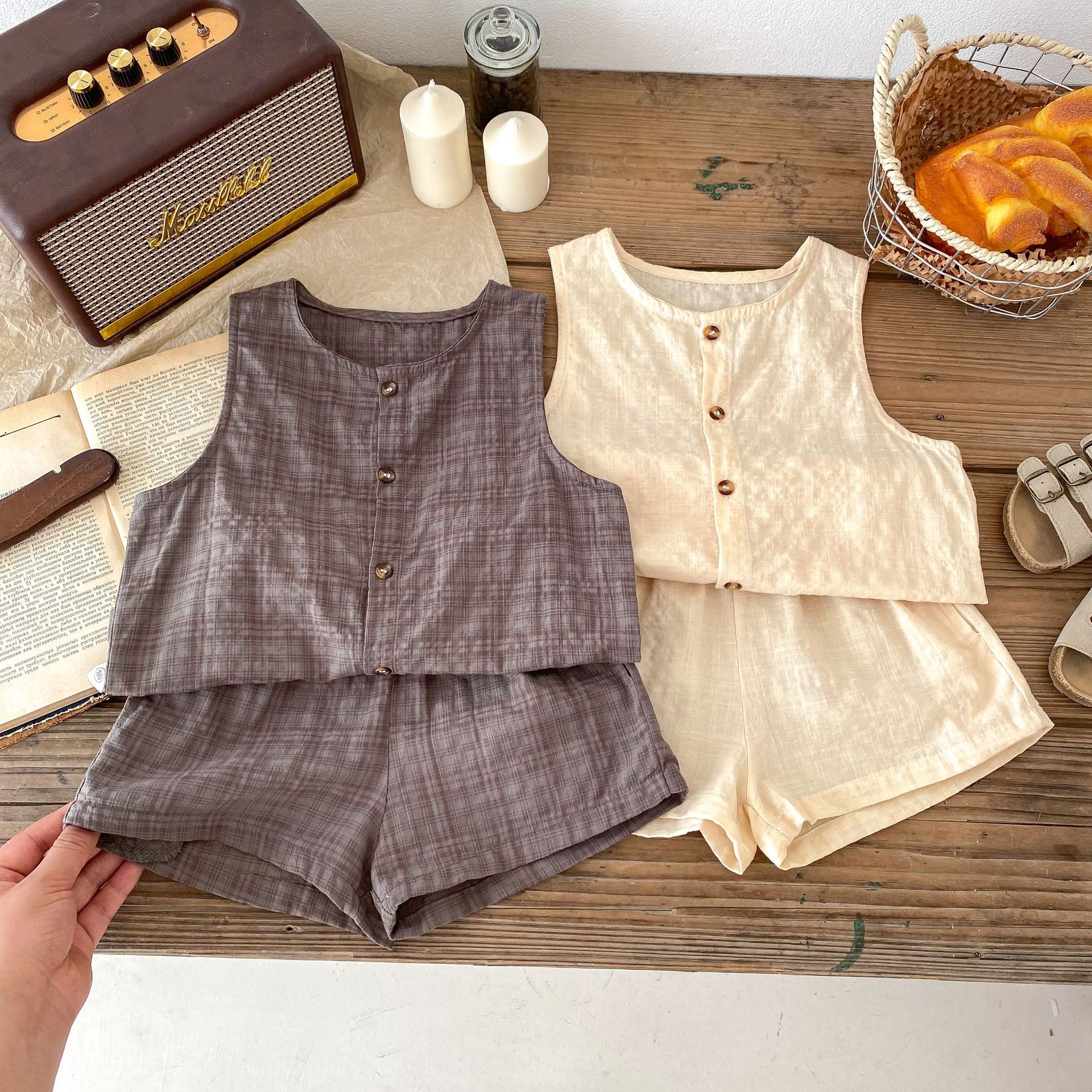 Suit Korean style ins infant children's clothing origin Plaid casual short sleeve suit boys and girls baby Summer cotton two-piece set