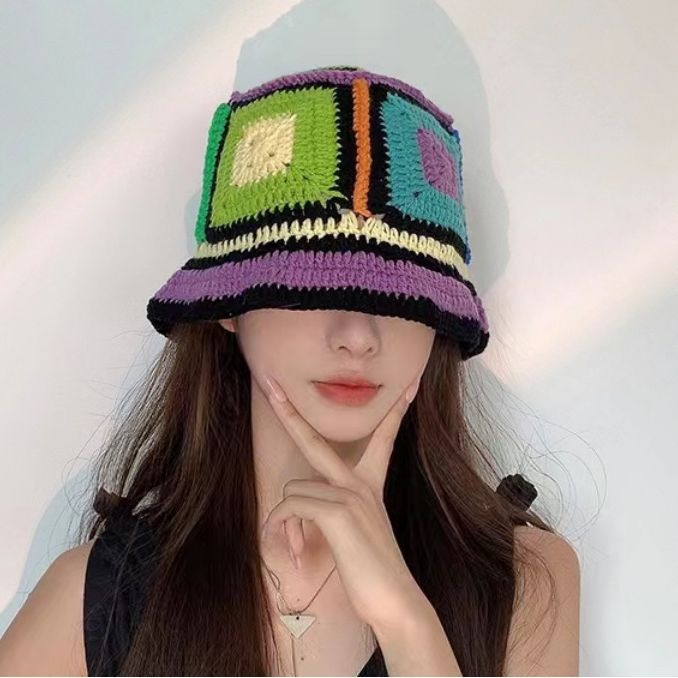 Spring and summer new style Japanese ethnic style colorful hand-knitted fisherman hat for women, sweet and versatile, small color-blocked basin hat that shows face