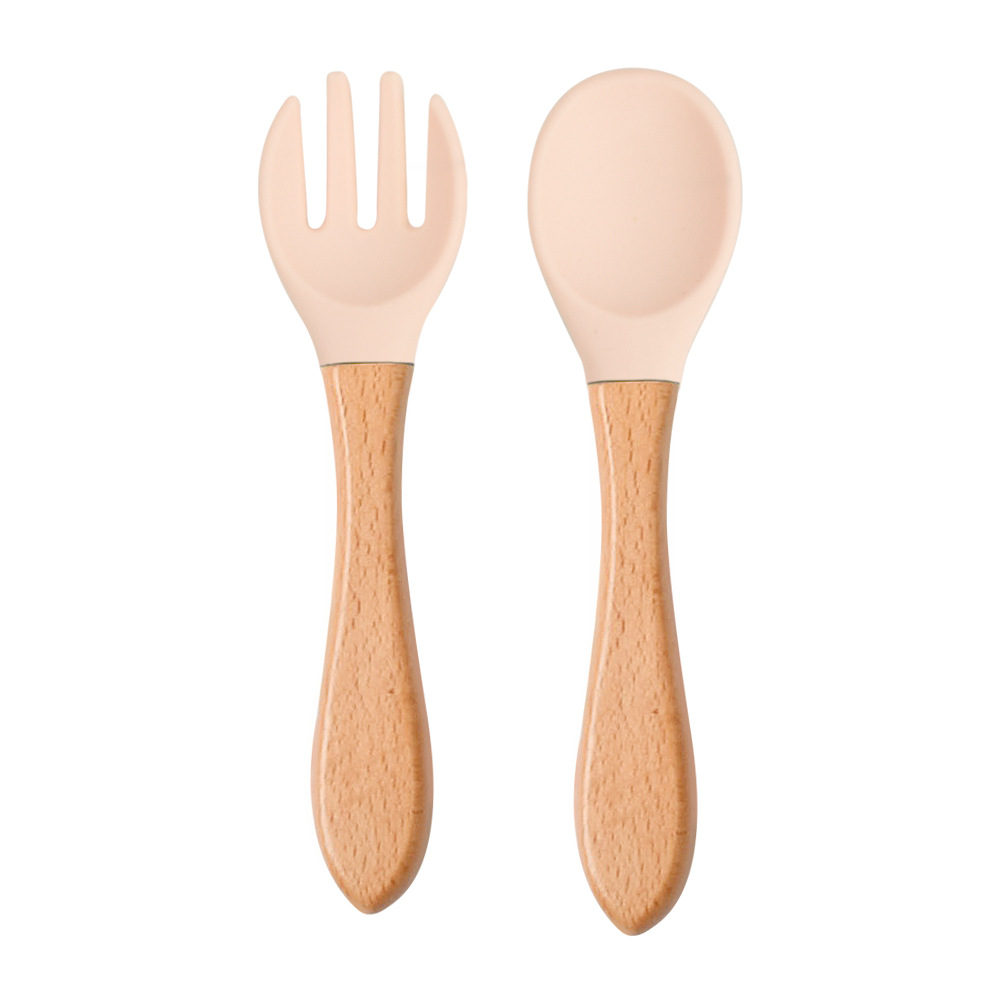 Food Grade Children's Wooden Handle Silicone Spoon Fork Tableware Baby Training Complementary Food Spoon Baby Feeding Spoon Fork