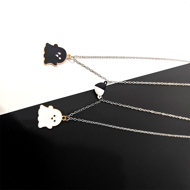 Black and White Ghost Cartoon Necklace Halloween Gift Jewelry Magnetic Brushstone Pendant Personalized Couple Stainless Steel Necklace
