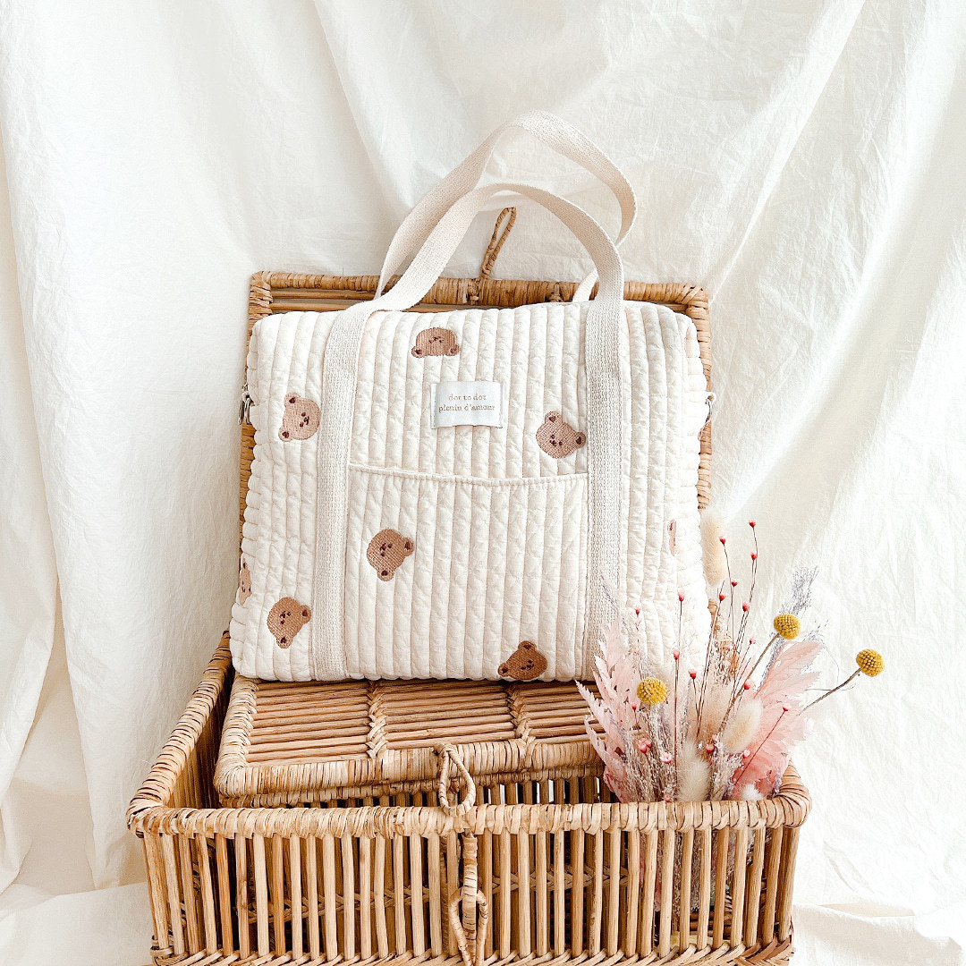 Korea ins2021 New Zipper Embroidered Yan Cotton Mummy Bag Baby Trolley Hanging Bag Diaper Bag