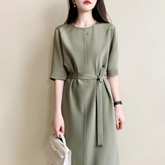 French style half-length dress 2023 Summer new design sense niche fashion light mature style solid color round neck midi dress
