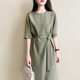French style half-length dress 2023 Summer new design sense niche fashion light mature style solid color round neck midi dress