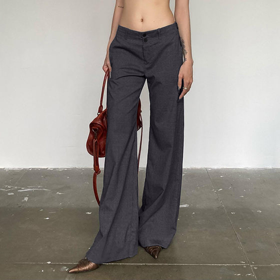 European and American women's clothing hot girl workplace temperament low waist straight suit pants two buttons casual draping mop woven trousers