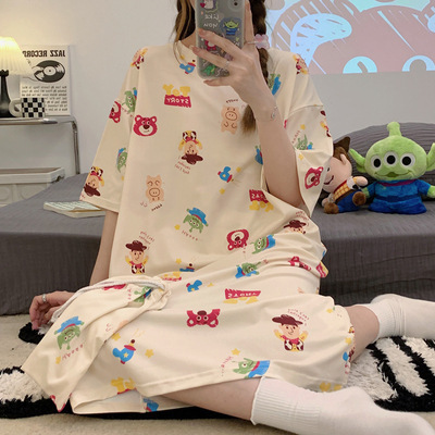 Girl's Nightdress Short-sleeved Korean-style Cartoon Student's Home Clothes Summer Pajamas Thin Large Size Long Over-the-Knee Dress