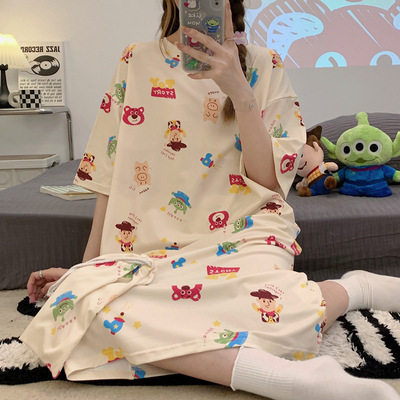Girl's Nightdress Short-sleeved Korean-style Cartoon Student's Home Clothes Summer Pajamas Thin Large Size Long Over-the-Knee Dress