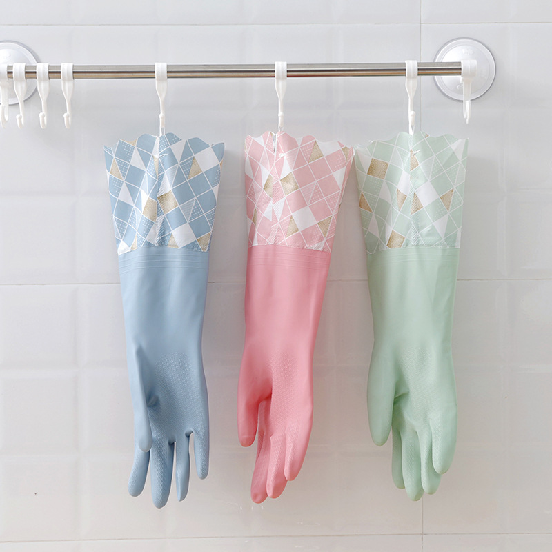 Household waterproof laundry rubber gloves durable Winter velvet lengthened household dishwashing gloves kitchen wholesale