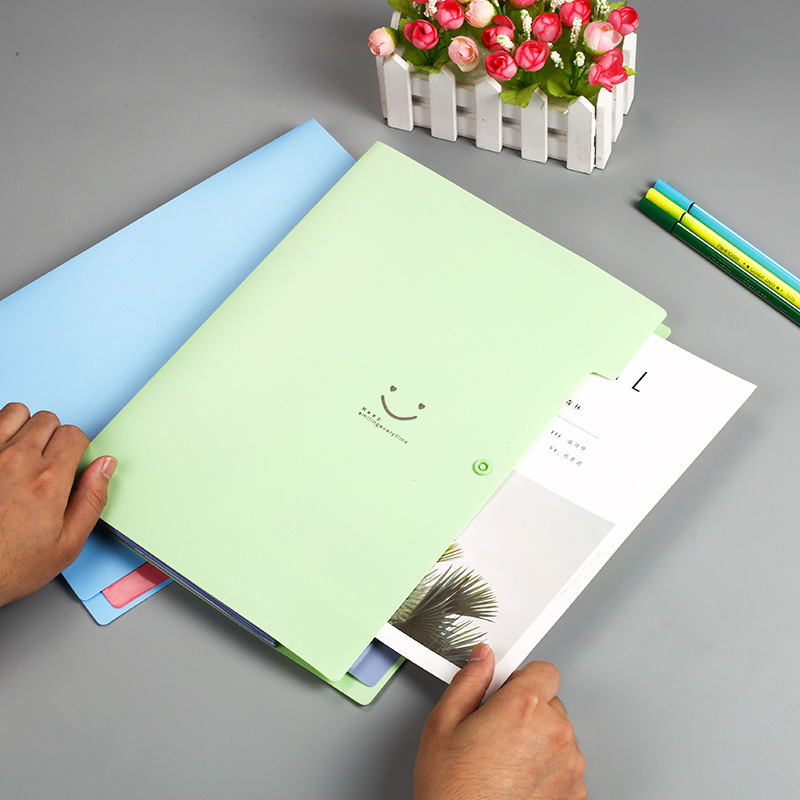 Candy color a4 folder multi-layer five-compartment smile organ bag button test paper storage file bag pp file bag