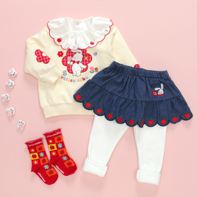 In stock miki children's clothing autumn and winter girls' cartoon cute cs rabbit Apple embroidered culottes fake two-piece leggings