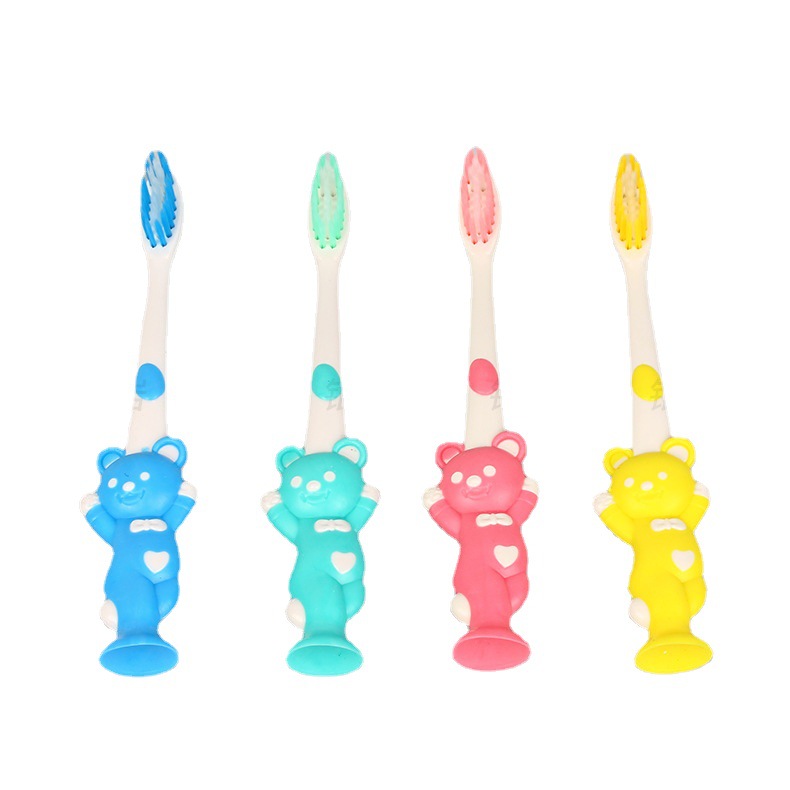 Factory supply suction cup children's cute cartoon toothbrush fine soft hair candy color bear toothbrush four Wholesale