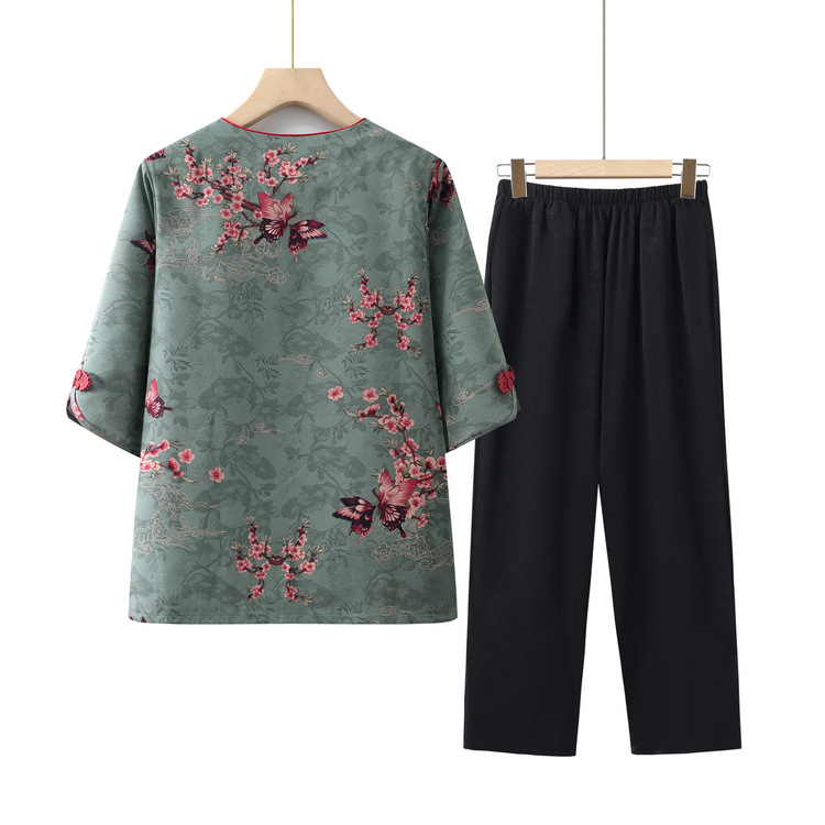 Grandma Summer suit Middle-aged and Elderly Women's Half-sleeved Shirt for Mother Two-piece Set Old Man's Wife Summer Loose Cardigan
