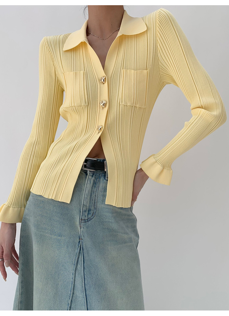 [Nouveauté le 21/03] Nouveau design Sense Split Knitted Jacket Cardigan jaune clair au printemps 2024_voghion.com