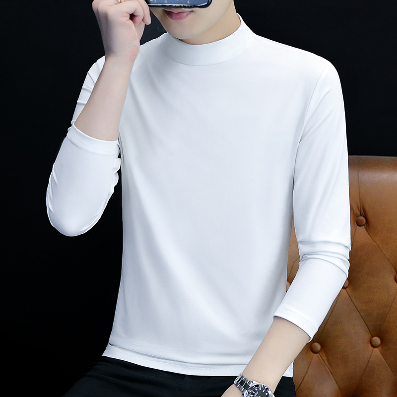 Autumn and winter fleece-lined thick solid color long sleeve T-shirt men's high collar men's base shirt warm men's clothing manufacturers