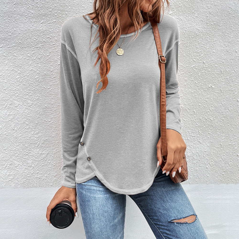 Amazon Independent Station  Autumn and Winter New European and American Clothing Hot Sale Solid Color Button Irregular Side T-shirt