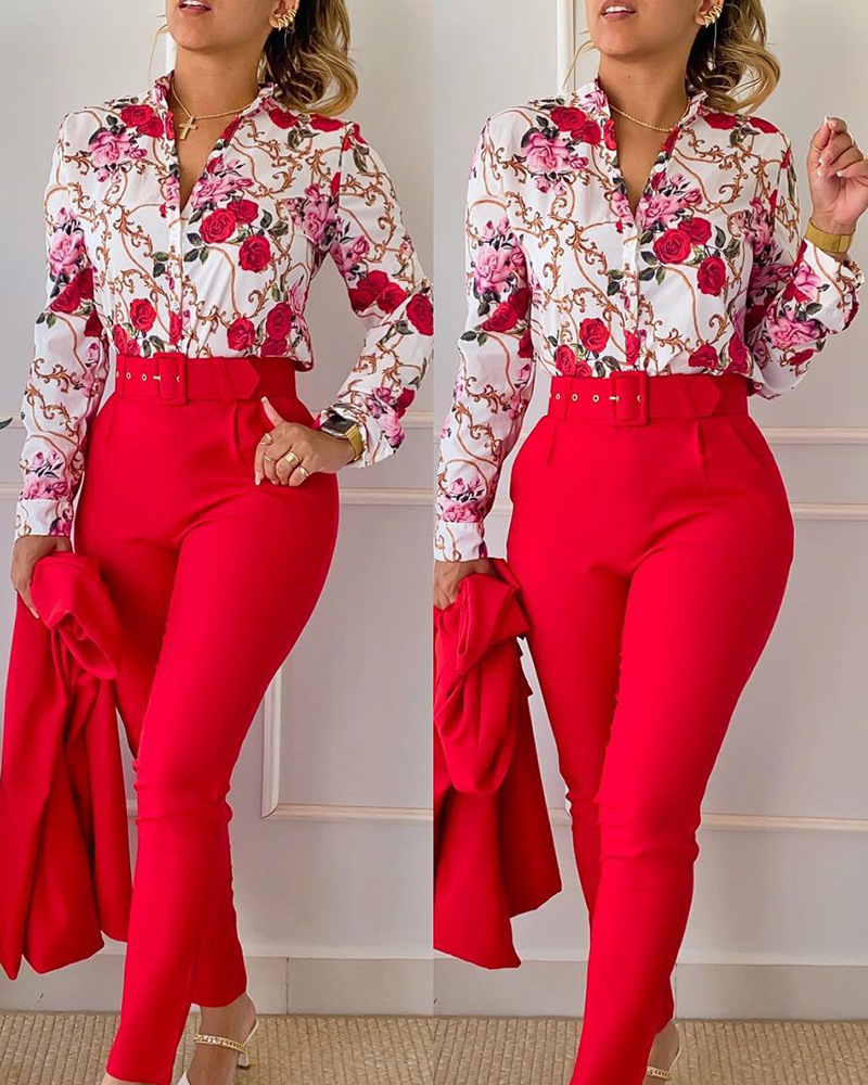 European and American Foreign Trade Women's Cross-border New Casual suit Printed Collar Long Sleeve Shirt Top Trousers Two-piece Set