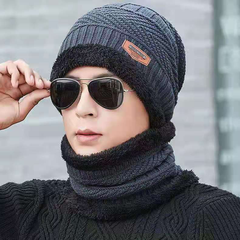 Hat Men's Winter Fleece-lined Wool Hat Thickened Knitted Hat Autumn and Winter Set Toe Cotton Hat Warm Trendy Youth Korean Style