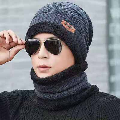 Hat Men's Winter Fleece-lined Wool Hat Thickened Knitted Hat Autumn and Winter Set Toe Cotton Hat Warm Trendy Youth Korean Style