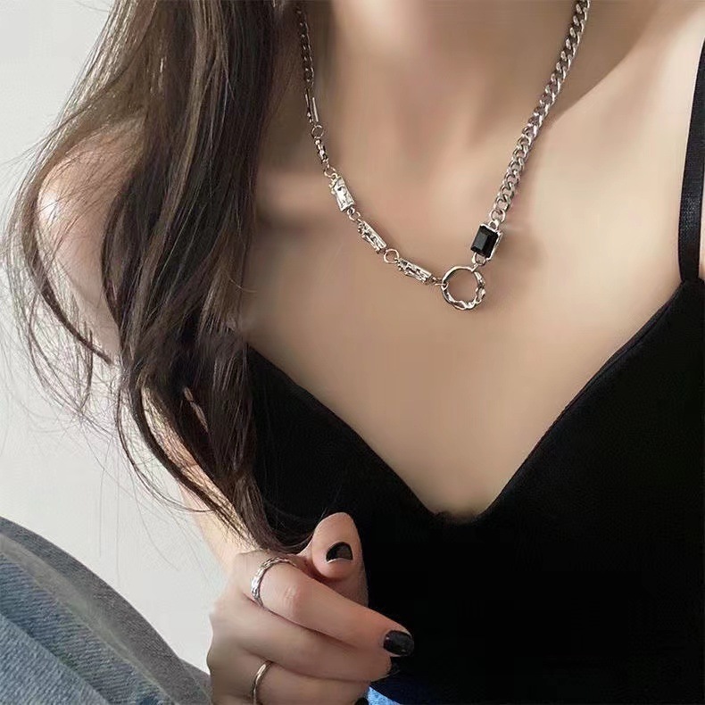 不規則圓環鋯石情侶項鍊女ins冷淡風小眾嘻哈中性風鈦鋼鎖骨鏈男