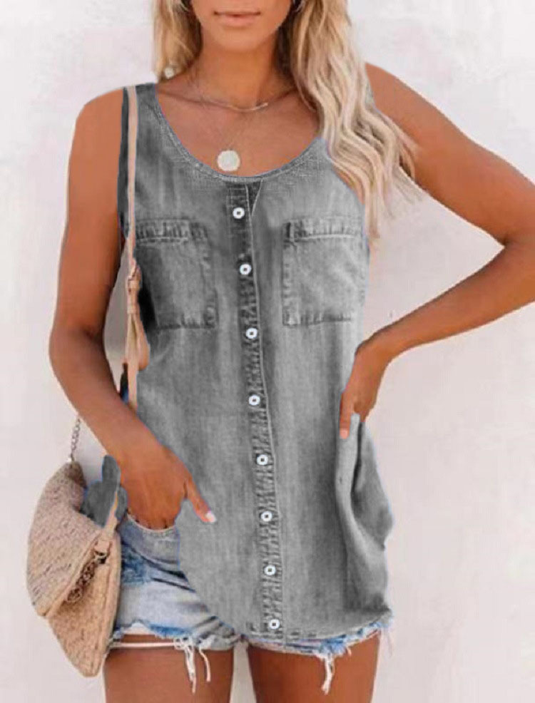 European and American Women's Cross-border Amazon 2023 Summer New Fashion Imitation Denim Vest Casual Printed Sleeveless Top