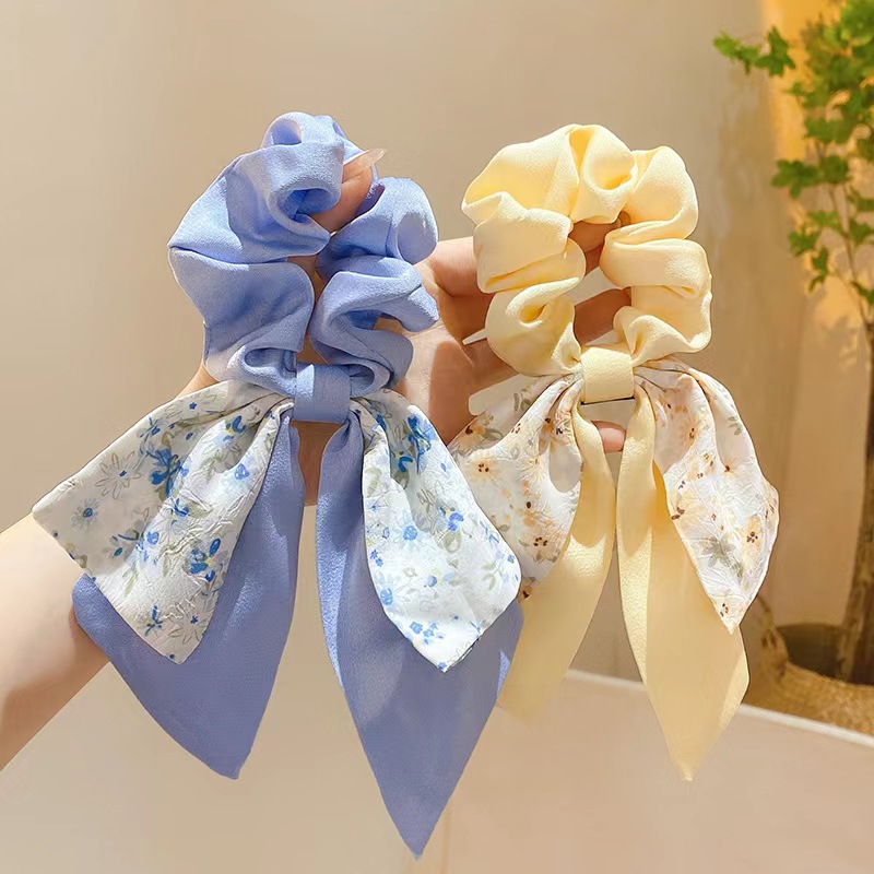 Spring and Summer small fresh double-layer floral ribbon large intestine hair ring student adult horsetail does not hurt the hair fat intestinal ring female
