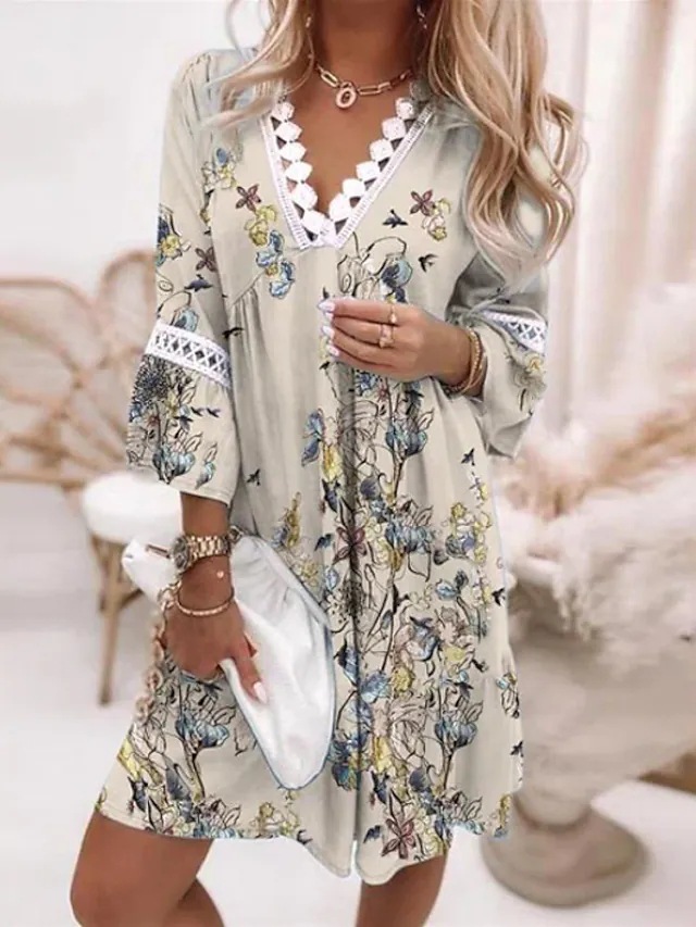 Spring V-neck Printed Lace Stitching Bohemian Leisure Holiday Style Dress ChezWe Chic Bohemian Style:This dress features a ch...