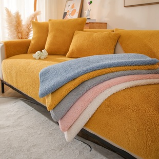 Winter lambswool sofa cushion thickened plush cushion non-slip leather sofa cover solid color Nordic simple winter