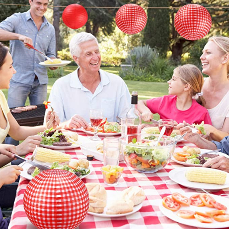 Cross-border new round lantern outdoor dinner red plaid paper lantern outdoor decoration red lantern factory wholesale