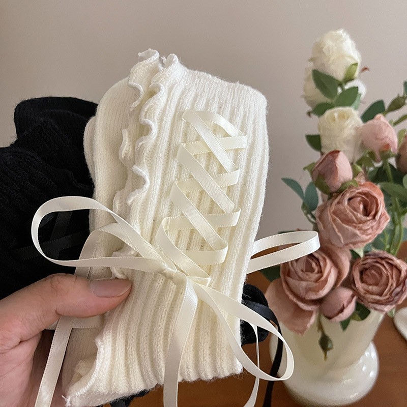 秋冬新品芭蕾舞風羊毛寬條綢緞綁帶少女短襪洛麗塔軟妹可愛堆堆襪