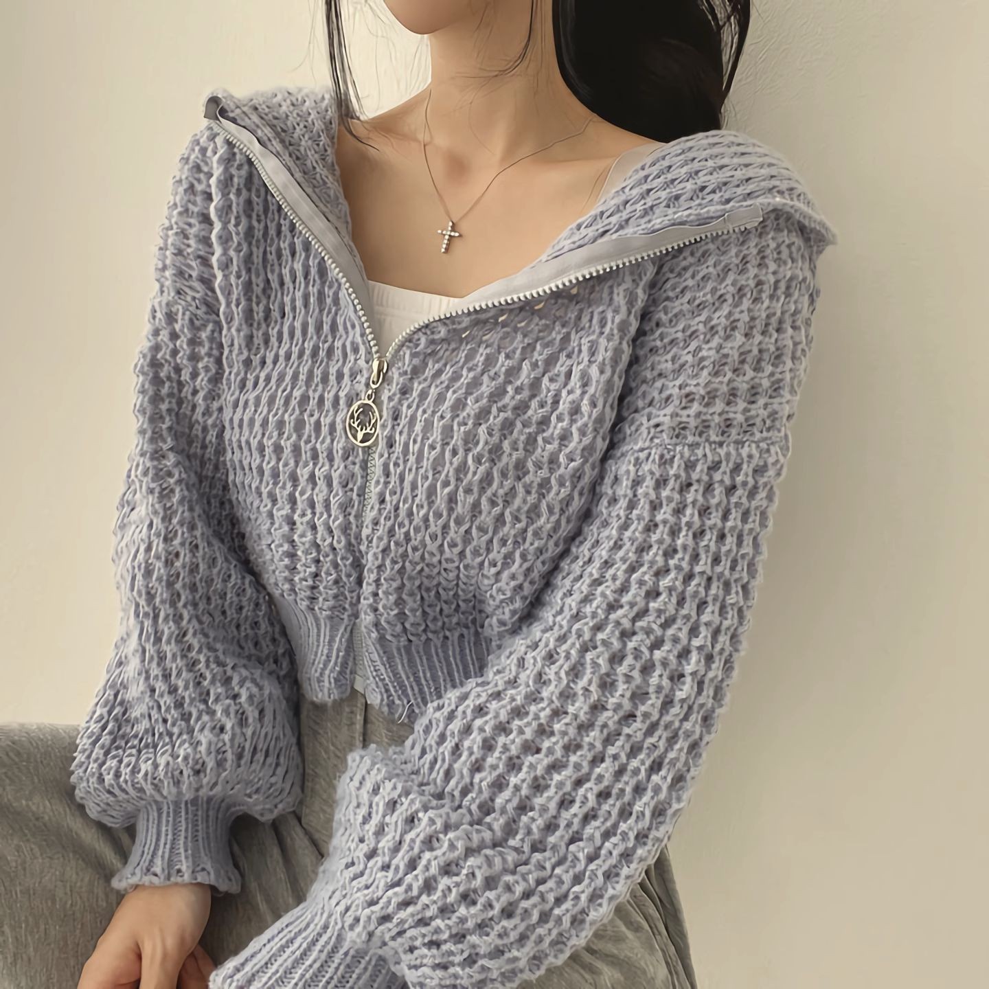 Hooded short sweater coat 2023 autumn and winter New lazy style women's design thick needle lapel loose sweater_voghion.com