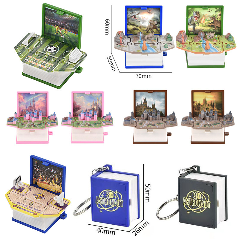 3d three-dimensional folding book mini keychain pop-up book Dinosaur space aerospace Castle educational decompression creative toys