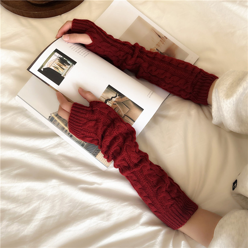 Yifan Autumn and Winter Outdoor Travel Warm Cold-proof Solid Color Twist Long Half-finger Elastic Sleeve Knitted Arm Cover for Women_voghion.com