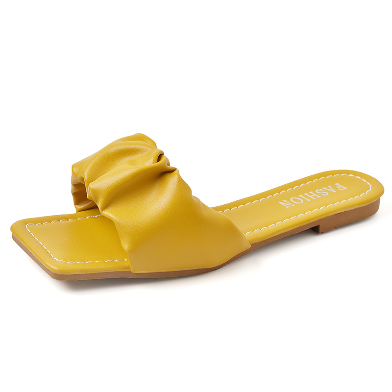 Flat Heel Slippers Women's New Summer 2020 Korean Style Outer Wear Fashionable Pleated Sandals Square Head Fairy Style Slippers